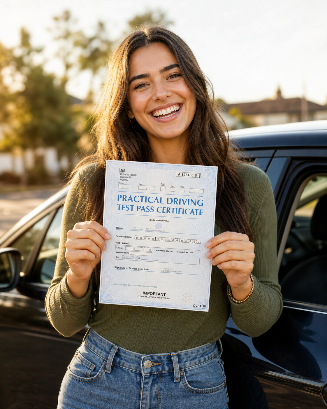 Delighted learner driver holding up her driving test pass certificate